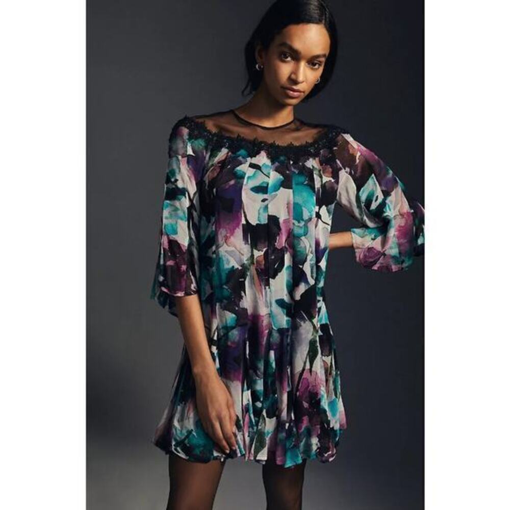 Anthropologie Floral Flutter Sleeve Dress Watercolor Pleated Size S
